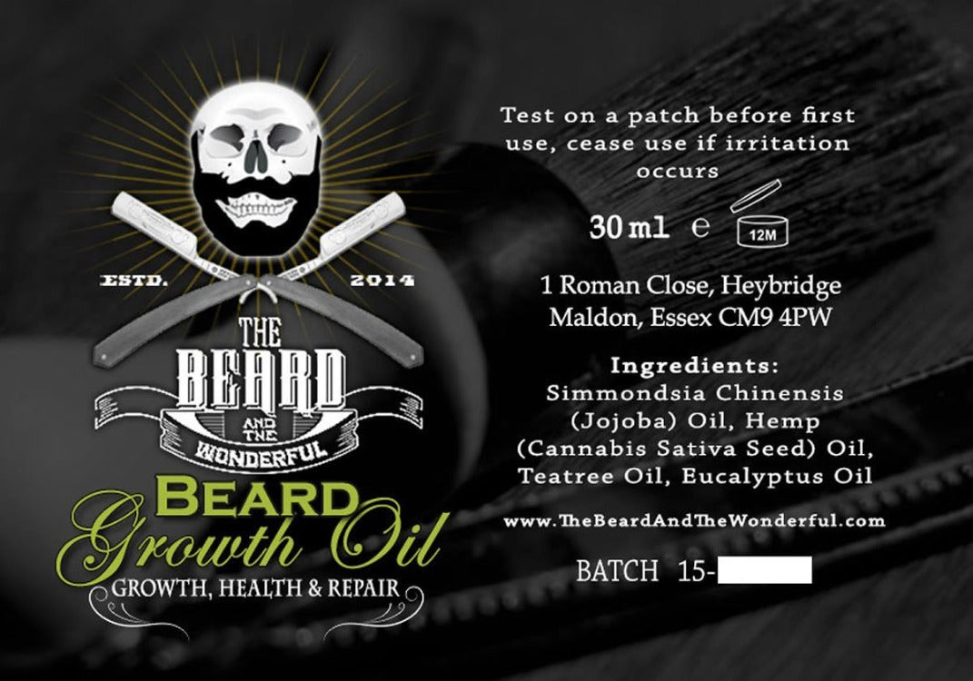 Beard Growth Oil 30ml Bottle. Jojoba, Tea Tree, Eucalyptus and Hemp Seed Oils for Growing Beards - The Beard and The Wonderful