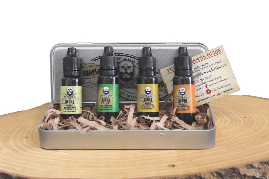 Beard Oil 4 Bottle Giftset Collection Leave-In Premium Conditioning growth oil In Sweet Orange, Eucalyptus, Lemongrass and Original lo-scent - The Beard and The Wonderful
