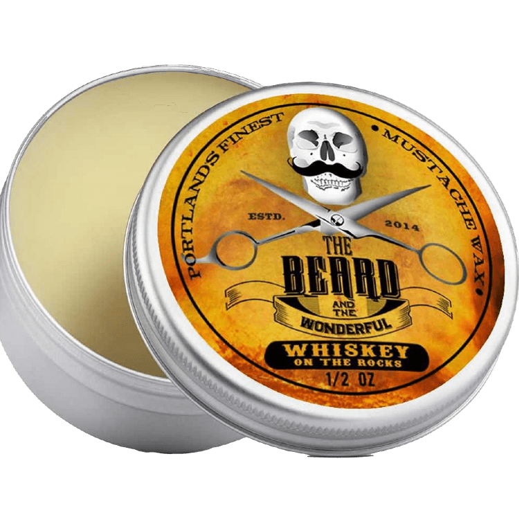 Moustache Wax Strong Hold Traditional Men's Grooming The Beard and The Wonderful Whiskey on rocks 