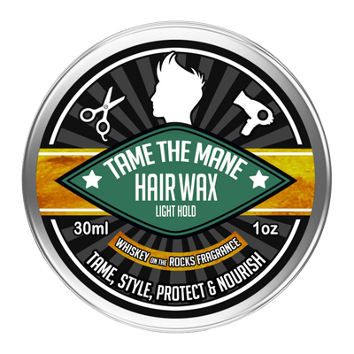 Tame The Mane Hair Styling Wax Pomade Traditional Men's Grooming The Beard and The Wonderful whiskey on the rocks 